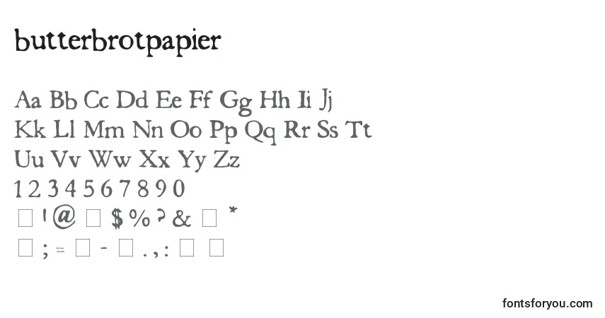 A fonte Butterbrotpapier (122477) – alfabeto, números, caracteres especiais