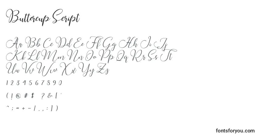 Fuente Buttercup Script - alfabeto, números, caracteres especiales