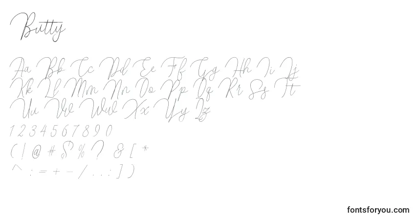 Schriftart Butty – Alphabet, Zahlen, spezielle Symbole