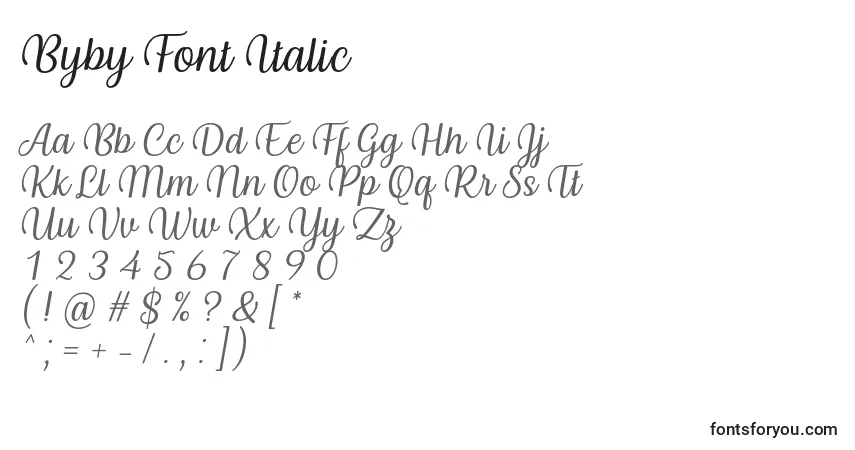 Шрифт Byby Font Italic – алфавит, цифры, специальные символы