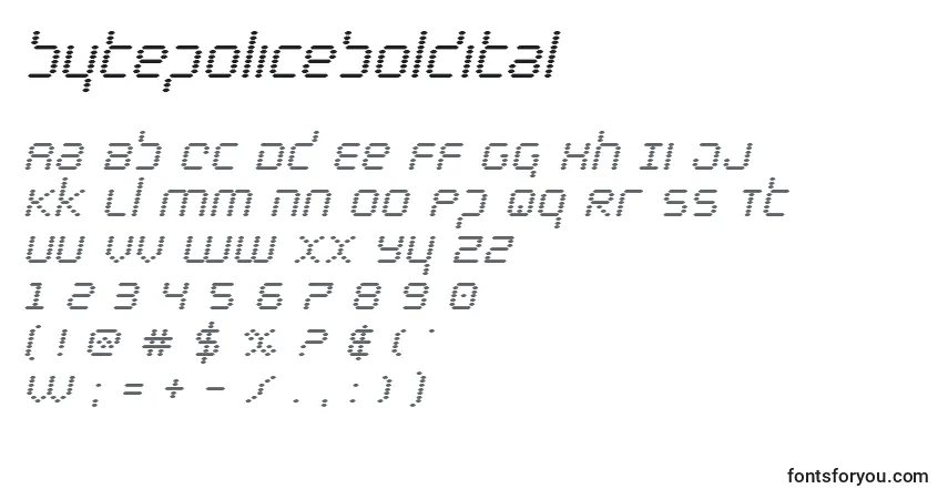 Czcionka Bytepoliceboldital – alfabet, cyfry, specjalne znaki