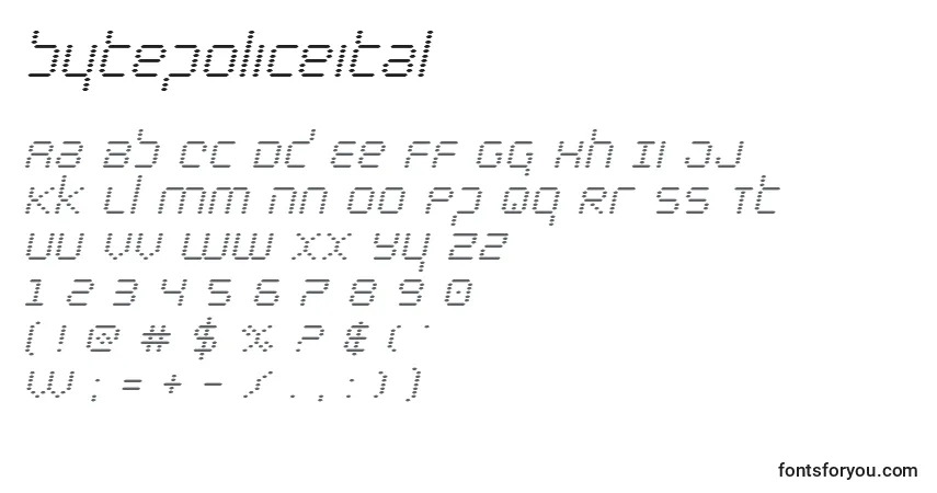 Czcionka Bytepoliceital – alfabet, cyfry, specjalne znaki