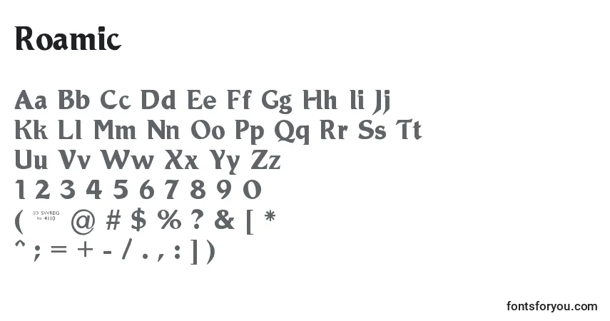 A fonte Roamic – alfabeto, números, caracteres especiais