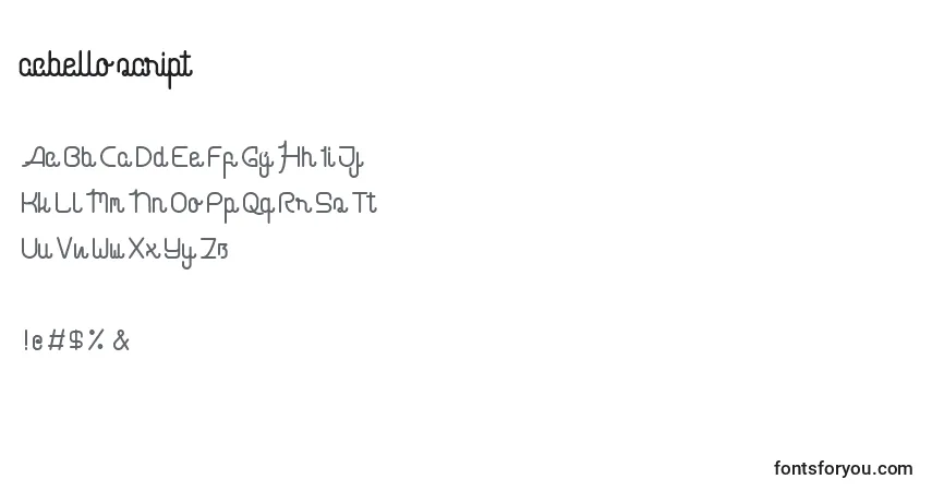 Czcionka Cabello script – alfabet, cyfry, specjalne znaki