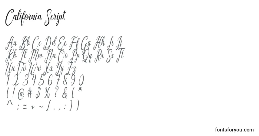 Czcionka California Script – alfabet, cyfry, specjalne znaki