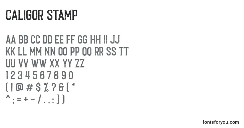 Czcionka Caligor Stamp – alfabet, cyfry, specjalne znaki