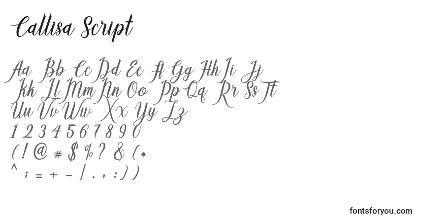Schriftart Callisa Script – Alphabet, Zahlen, spezielle Symbole