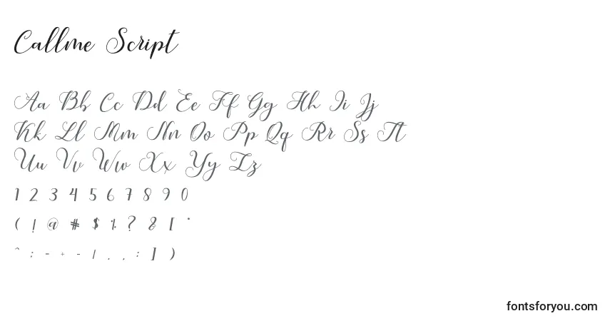 A fonte Callme Script (122627) – alfabeto, números, caracteres especiais