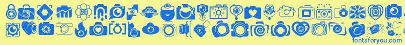 CAMERA   FOTOGRAAMI-Schriftart – Blaue Schriften auf gelbem Hintergrund