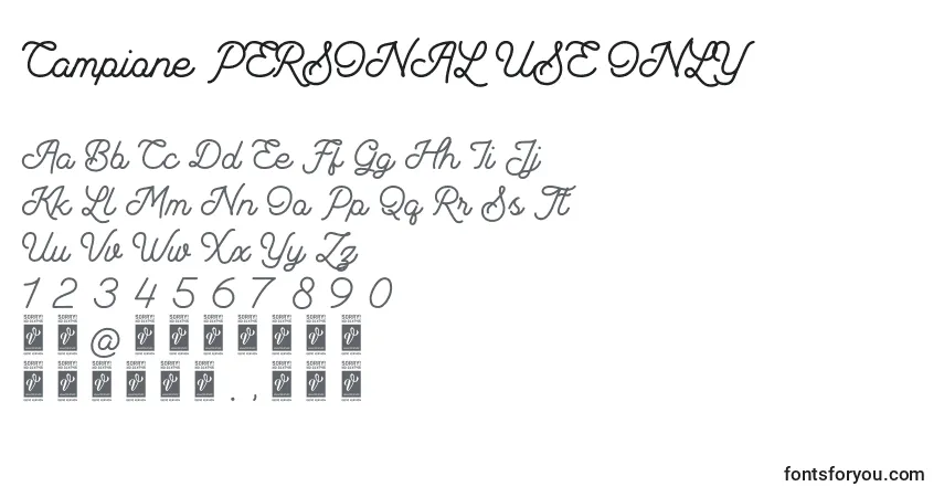 Schriftart Campione PERSONAL USE ONLY – Alphabet, Zahlen, spezielle Symbole