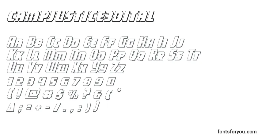 Czcionka Campjustice3dital – alfabet, cyfry, specjalne znaki