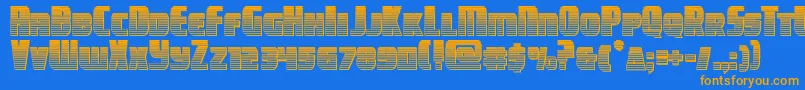 campjusticechrome-Schriftart – Orangefarbene Schriften auf blauem Hintergrund