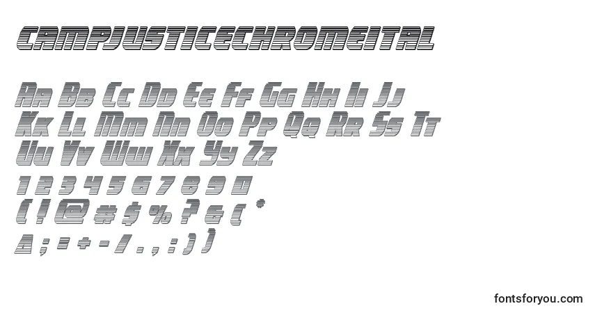 Czcionka Campjusticechromeital – alfabet, cyfry, specjalne znaki