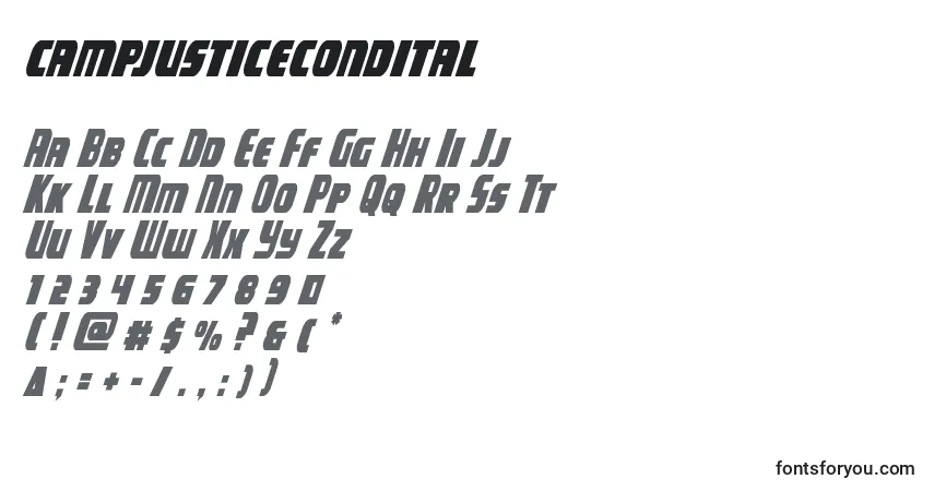 Schriftart Campjusticecondital – Alphabet, Zahlen, spezielle Symbole