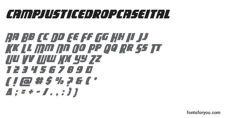 Шрифт Campjusticedropcaseital – алфавит, цифры, специальные символы
