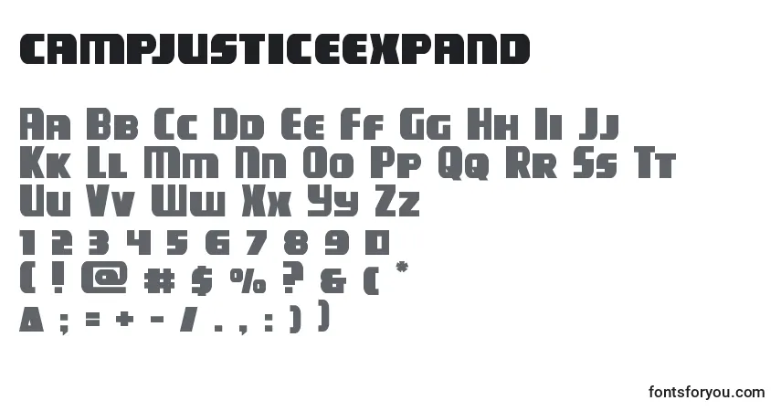 Шрифт Campjusticeexpand – алфавит, цифры, специальные символы
