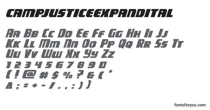 Schriftart Campjusticeexpandital – Alphabet, Zahlen, spezielle Symbole