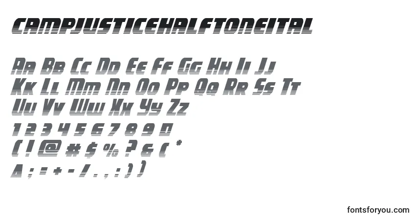 Czcionka Campjusticehalftoneital – alfabet, cyfry, specjalne znaki