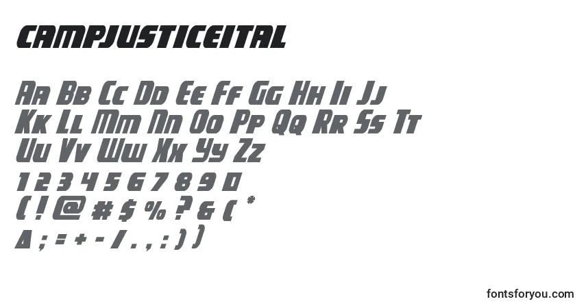Шрифт Campjusticeital – алфавит, цифры, специальные символы