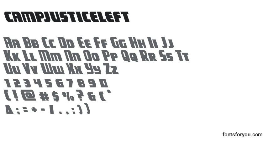 Schriftart Campjusticeleft – Alphabet, Zahlen, spezielle Symbole