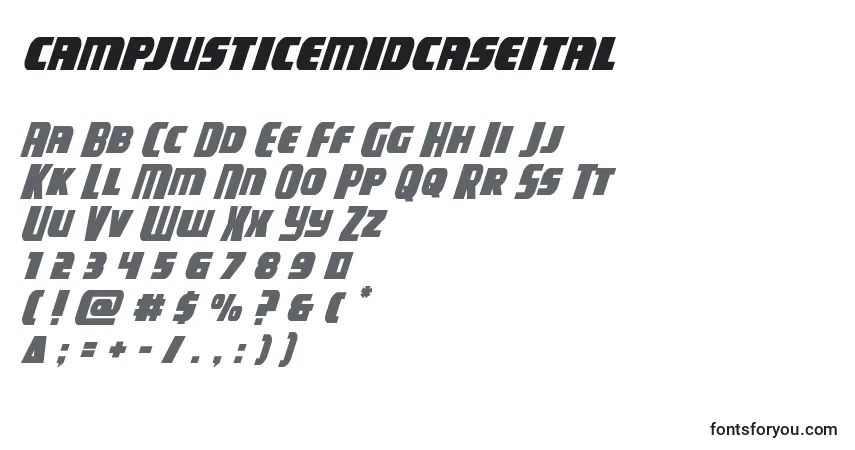 Schriftart Campjusticemidcaseital – Alphabet, Zahlen, spezielle Symbole