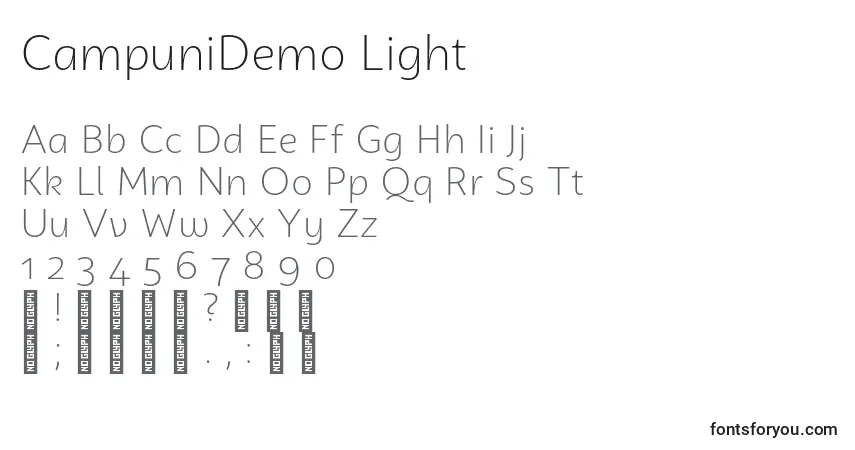 Czcionka CampuniDemo Light – alfabet, cyfry, specjalne znaki