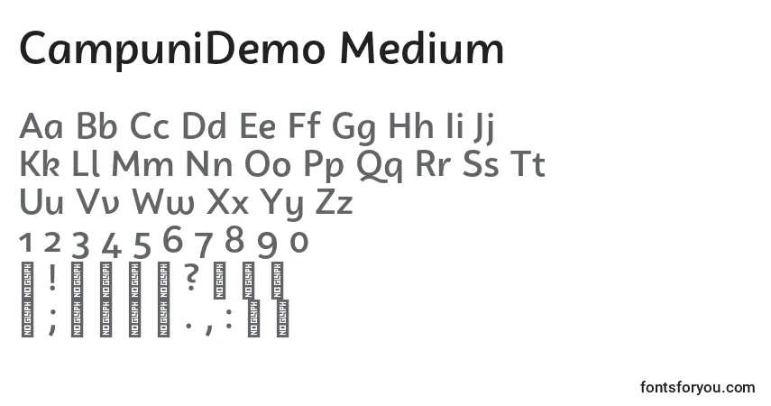 Czcionka CampuniDemo Medium – alfabet, cyfry, specjalne znaki