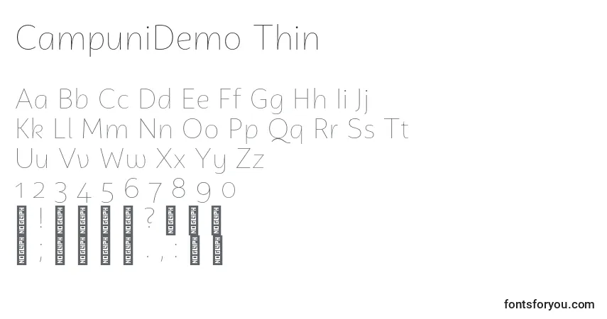 Шрифт CampuniDemo Thin – алфавит, цифры, специальные символы