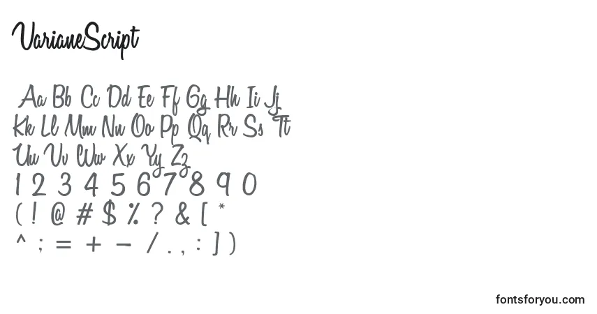 Fuente VarianeScript - alfabeto, números, caracteres especiales