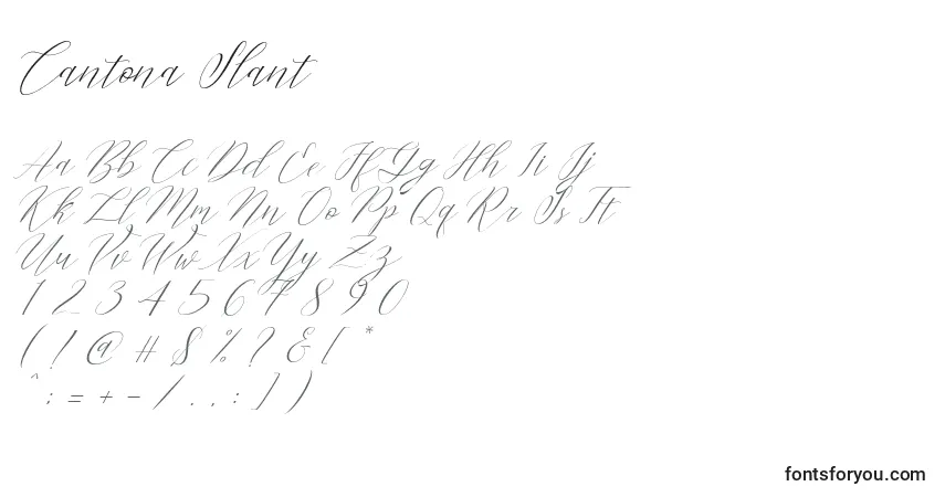Czcionka Cantona Slant (122723) – alfabet, cyfry, specjalne znaki