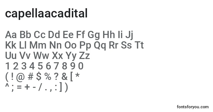 A fonte Capellaacadital (122736) – alfabeto, números, caracteres especiais