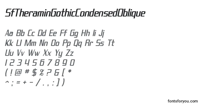 Czcionka SfTheraminGothicCondensedOblique – alfabet, cyfry, specjalne znaki