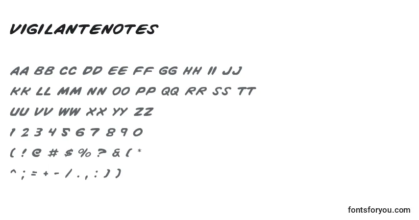 A fonte VigilanteNotes – alfabeto, números, caracteres especiais