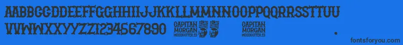 Capitan Morgan-Schriftart – Schwarze Schriften auf blauem Hintergrund