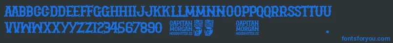 Capitan Morgan-Schriftart – Blaue Schriften auf schwarzem Hintergrund