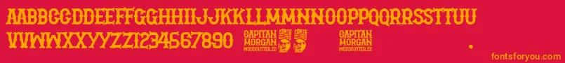 Capitan Morgan-Schriftart – Orangefarbene Schriften auf rotem Hintergrund