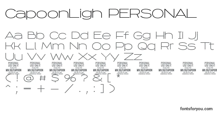 A fonte CapoonLigh PERSONAL – alfabeto, números, caracteres especiais