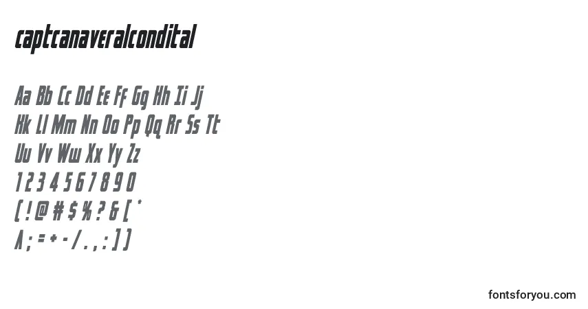 Czcionka Captcanaveralcondital – alfabet, cyfry, specjalne znaki