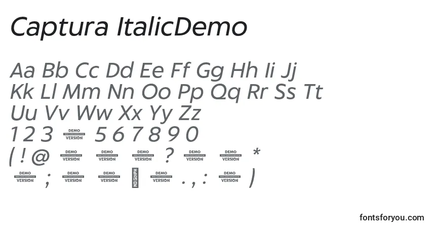 Czcionka Captura ItalicDemo – alfabet, cyfry, specjalne znaki