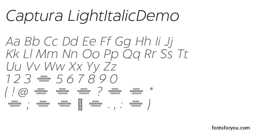 Шрифт Captura LightItalicDemo – алфавит, цифры, специальные символы