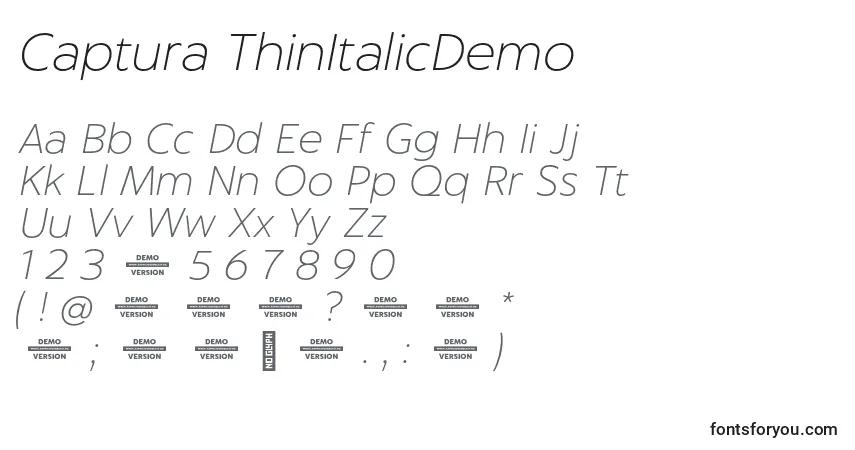 Шрифт Captura ThinItalicDemo – алфавит, цифры, специальные символы