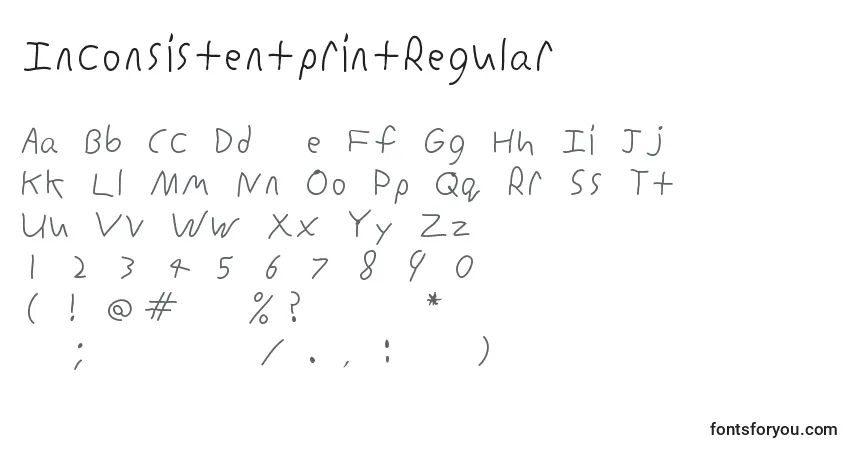 Czcionka InconsistentprintRegular – alfabet, cyfry, specjalne znaki
