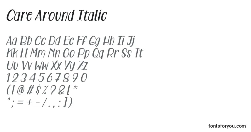 Шрифт Care Around Italic – алфавит, цифры, специальные символы