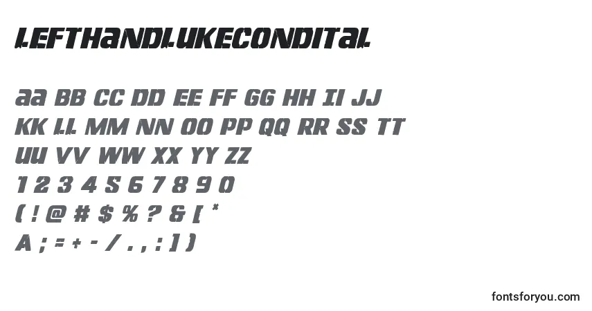 Шрифт Lefthandlukecondital – алфавит, цифры, специальные символы