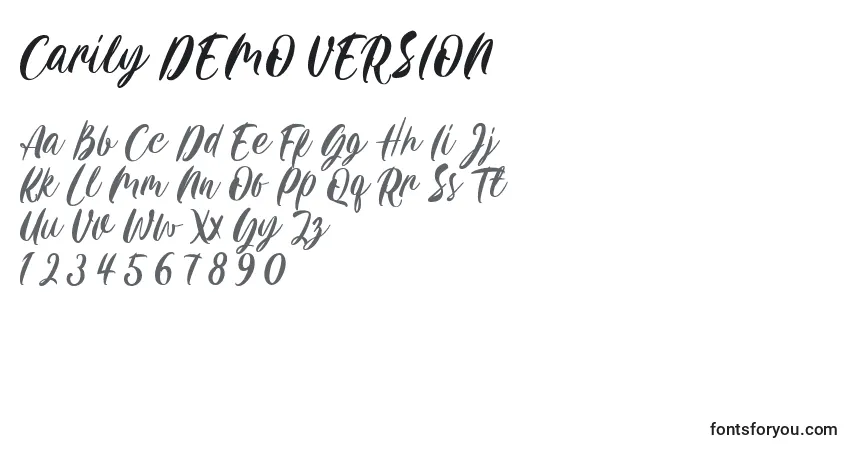Carily DEMO VERSION (122840)-fontti – aakkoset, numerot, erikoismerkit