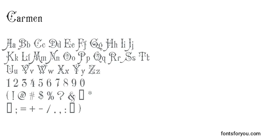 Czcionka Carmen (122849) – alfabet, cyfry, specjalne znaki