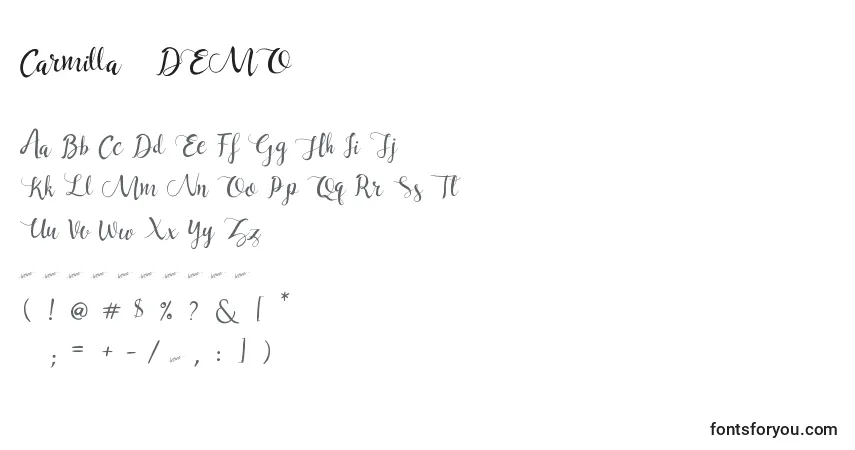 Schriftart Carmilla   DEMO – Alphabet, Zahlen, spezielle Symbole