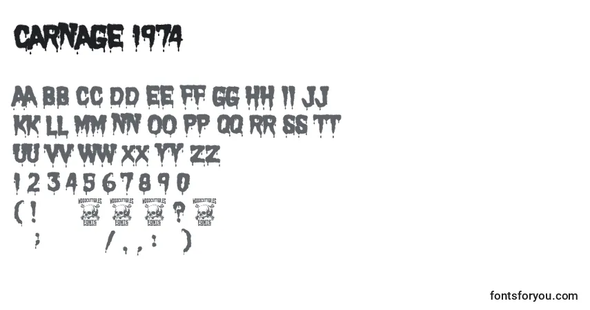 Шрифт Carnage 1974 – алфавит, цифры, специальные символы
