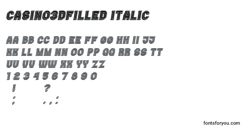 Шрифт Casino3DFilled Italic – алфавит, цифры, специальные символы