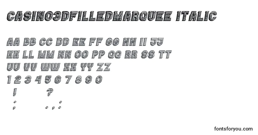 A fonte Casino3DFilledMarquee Italic – alfabeto, números, caracteres especiais